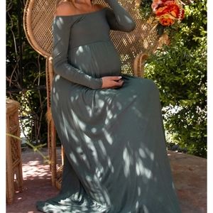 PinkBlush Olive Off Shoulder Long Sleeve Jersey Knit Maternity Maxi Dress M